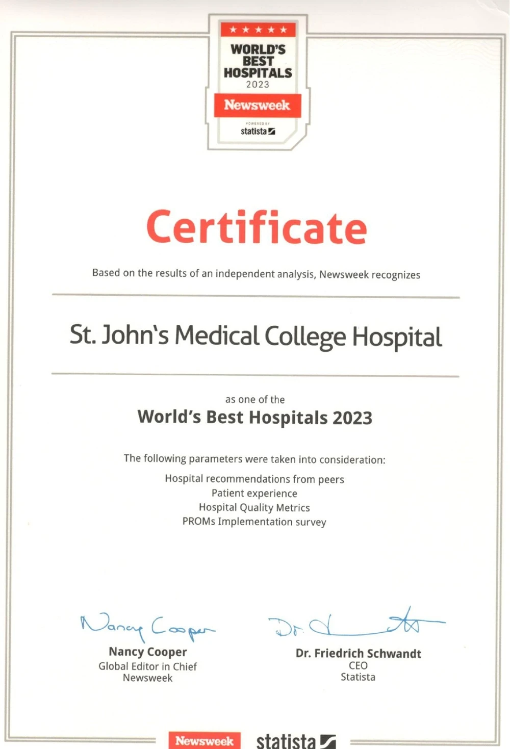 Certificate - World's Best Hospital
