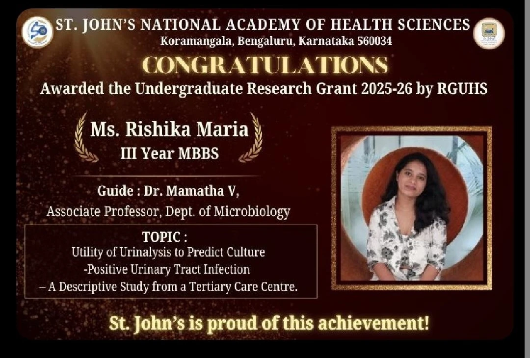 Ms. Rishika Maria, III MBBS Student, has been awarded the @RGUHS Undergraduate Research Grant 2025-26