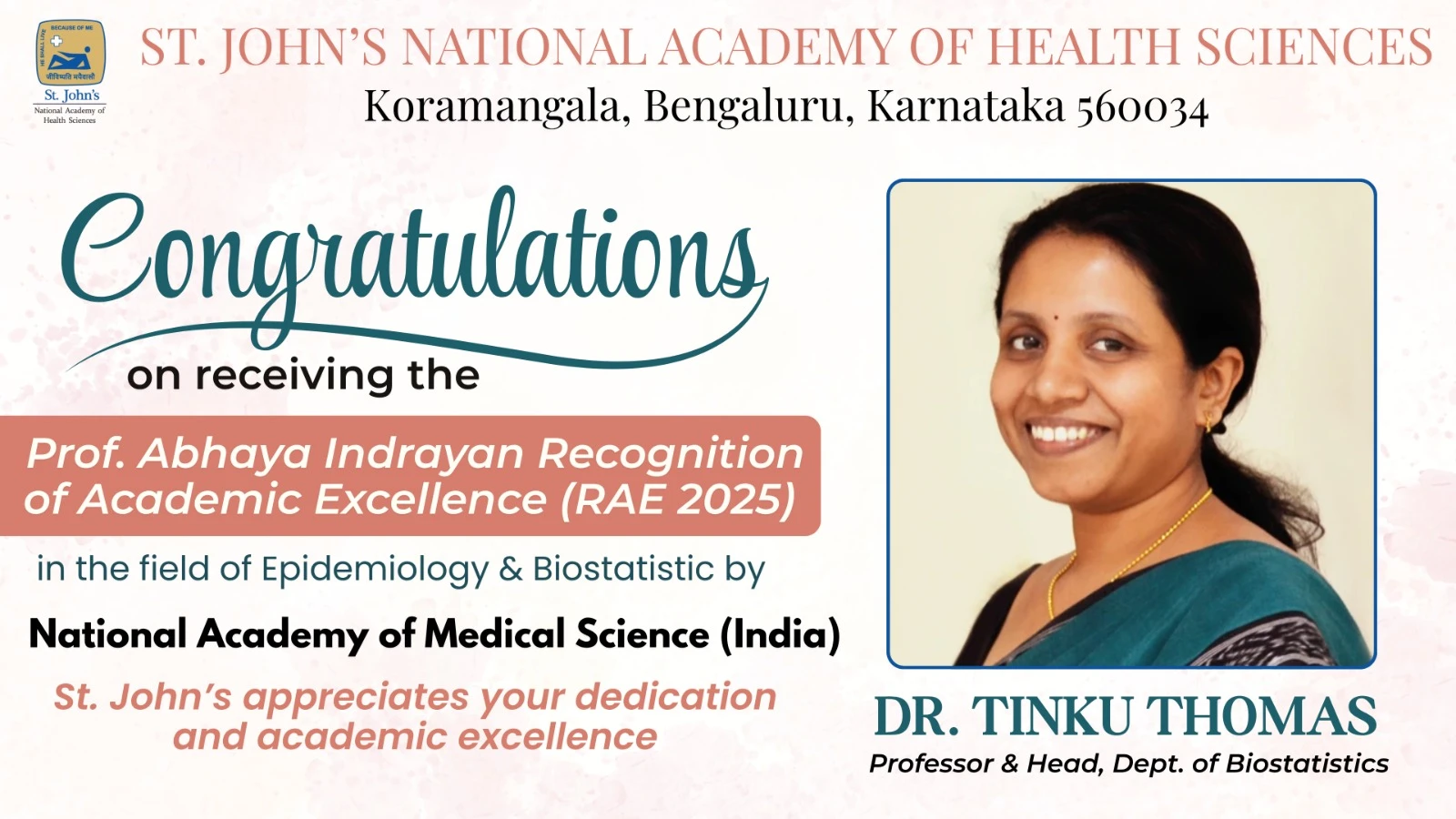 Prof. Dr. Tinku Thomas Honoured with RAE 2025 for Academic Excellence