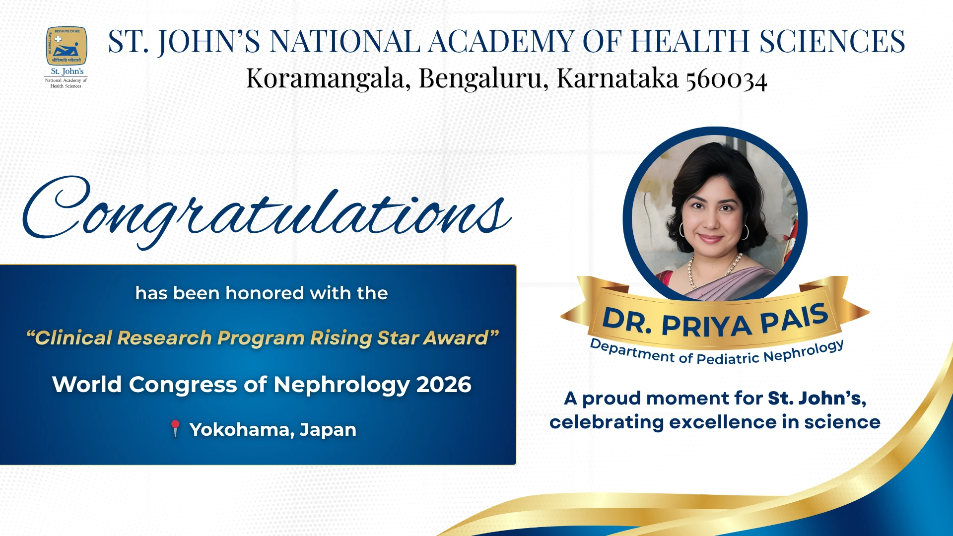 Dr. Priya Pais on receives the Clinical Research Program Rising Star Award 2026, Yokohama, Japan